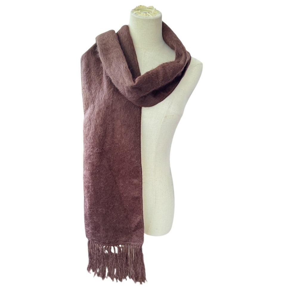 Alpaca Camargo Brown Fuzzy Knit Scarf 35" Fringe‎ Warm Cozy